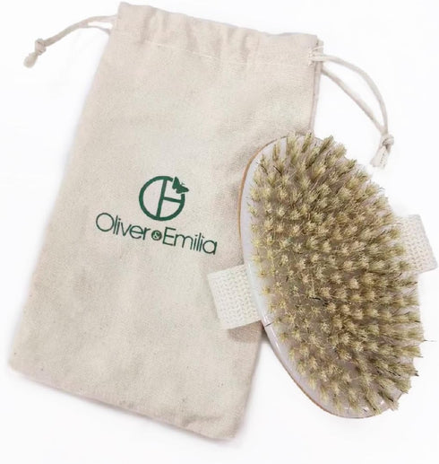 Oliver & Emilia Dry Brush with Pouch - Body Exfoliator for Smooth Skin, Cellulite Reduction, Skin Brush for Dry Brushing, Exfoliating Body Scrubbe...