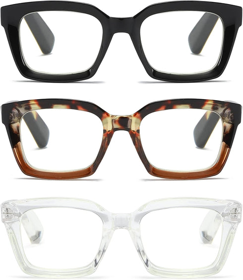 3 Pack Oversize Square Design Reading Glasses for Women, Blue Light Blocking Reader (Black&Leopard&Transparent, 2.75)...