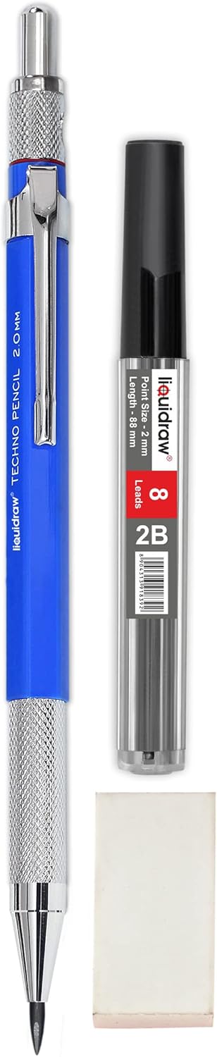 Mechanical Clutch Pencil 2mm With 8 x 2B Leads, Eraser & Integrated Sharpener For Architectural Technical Drawing Artists Architects Engineers Dra...