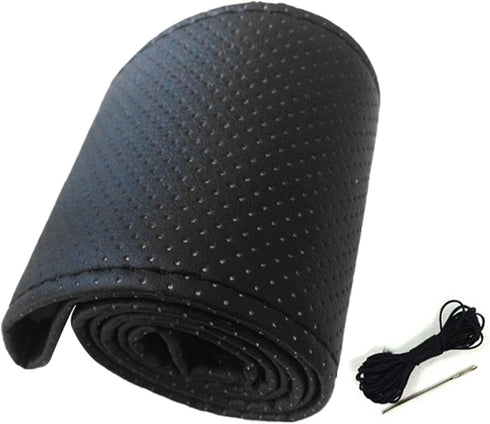 Leather Steering Wheel Cover, 15 inch Car Steering Wheel Stitch On Wrap with DIY Sewing Needles Thread, M Size (Black), HEADERBS56S7PERQZW-11...