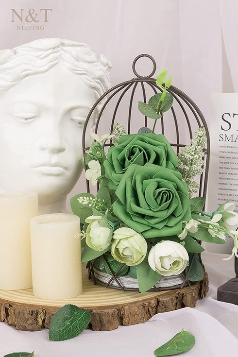 N&T NIETING Roses Artificial Flowers, 25pcs Artificial Flowers Foam Flowers with Stems for DIY Cake Decoration Wedding Party Home Decoration, Army...