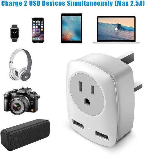 UK Travel Adapter, US to UK/Ireland/Hong Kong Plug Adapter with 2 USB and 1 Electrical Outlet, America to Europe Irish British England Scotland Tr...