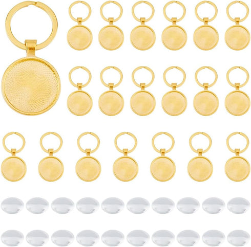 DICOSMETIC 20 Sets Blank Cabochon with Keychain Set Golden Alloy Pendant Cabochon Settings and Glass Cabochons DIY Blank Dome Keychain Making Kit ...