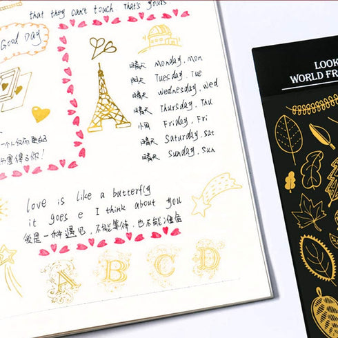 Gold Stamping Stickers for Kids & Toddlers 8 Sheets 400+ Gilding Peel-Off Stickers for Scrapbooking Bullet Journal Including Outer Space,Leaves,Sn...