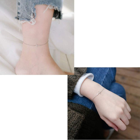 Cross Anklets for Women Teen Girls Men 925 Sterling Silver White Gold Plated Sideways Cross Adjustable Chain Classic Dainty Charm Foot Anklet Brac...