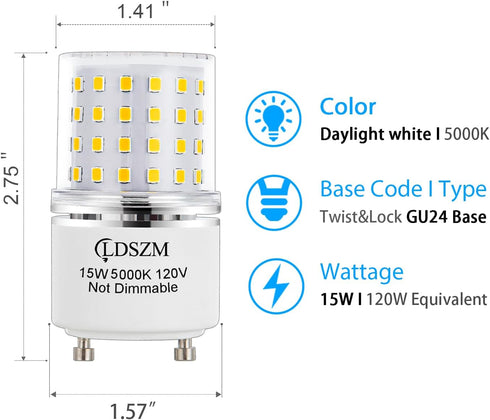 GU24 LED Bulb,15W GU24 LED TwistLock Bulbs Non-Dimmable GU24 LED Ceiling Light Bulb,120 Watt Equivalent 1200lm 5000K Daylight, Squat GU24 LED Ligh...