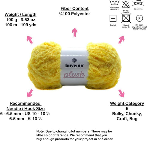 Plush Faux Fur Bulky Yarn, Super Soft Fluffy Fuzzy for Knitting Crocheting Crafting, 100 Gram (3.53 Ounces) 109 Yards (100 Meters) (Yellow) (3 Ske...