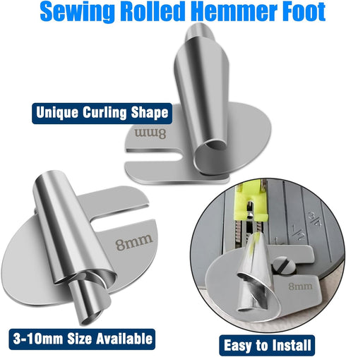 TOOVREN 8pcs Rolled Hem Presser Foot, Sewing Rolled Hemmer Foot, 3mm-10mm 8 Sizes Wide Rolled Hem Foot Set, Seam Guide, Universal Presser Foot for...