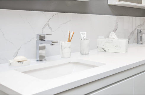 Essentra Home White Marble Toothbrush Holder | Small Toothbrush & Toothpaste Organizer | Blanc Collection...