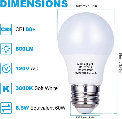 8 Pack A15 LED Bulbs 60W Equivalent, 3000K Soft White, 6.5W Dimmable LED Light Bulb, A15 LED Appliance Light Bulb 6.5W for Ceiling Fan, Home Light...