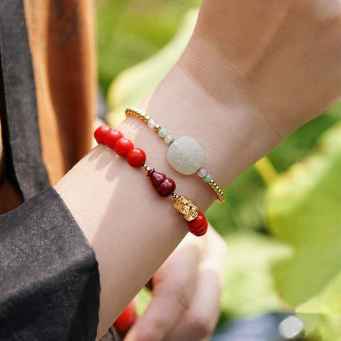 L&C Feng Shui Wealth Bracelets for Woman - 8MM Red Cinnabar Gourd Dragon Pi Xiu Sterling Silver Stretch Adjustable Beaded Bracelets for Woman Prot...