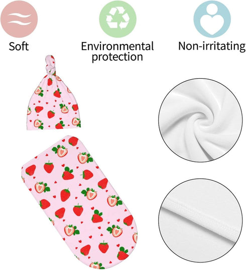Swaddle Blanket Strawberry Baby Stuff Newborn Baby Swaddling Blanket Sleep Sack with Beanie Hat Sets for Boys Girls Infant and Baby Shower Unisex...