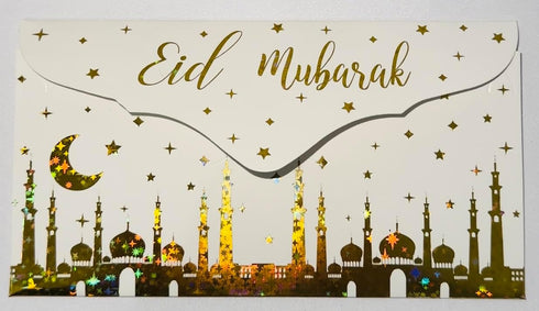 Eid Cash Envelopes 10 pcs/set Eid Greeting Card Holder Gold Foiled Eid Mubarak Money Envelope, White...