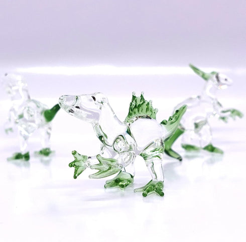 Set 3 Dinosaurs Miniature Figurines Hand Blown Color Glass Art Animals Collectible Gift Home Decor, Clear Green...