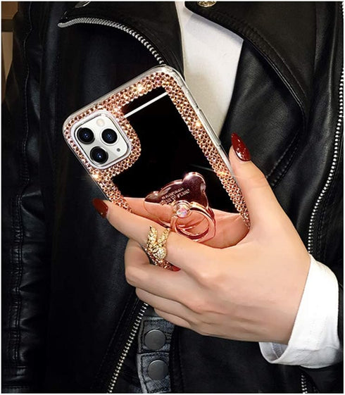 LUVI Mirror Case for iPhone 12/iPhone 12 Pro 6.1 inch Bling Diamond Glitter Case with Bear Ring Holder Kickstand Stand Rhinestone Crystal Cute for...