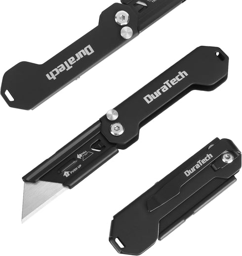 DURATECH 2-Pack Folding Utility Knife, Mini Box Cutter with Safety Axis Lock, Belt Clip, Quick-change Blade Mechanism, Full Stainless Steel Body a...