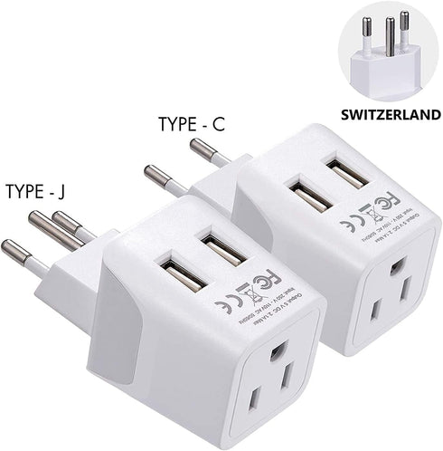 Ceptics Switzerland Travel Plug Set - with 2 USB + USA Socket Input - Type J and Type C- Ultra Compact - Safe Grounded Perfect for Cell Phones, La...