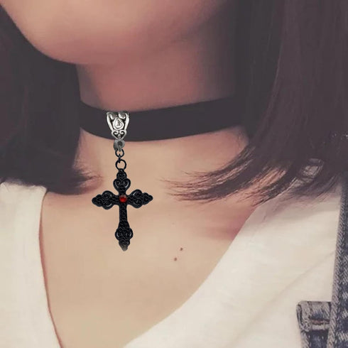 Gothic Goth Cross Choker Necklace,Black Choker Necklace for Women,Velvet Cross Choker Necklace,Punk Vintage Cross Pendant Necklace,Y2k Necklaces,H...