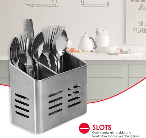Home Basics Dual Compartment Stainless Steel Draining Cutlery/Utensil Holder Organizer, Free Standing, Kitchen Countertop, Silver (1)...