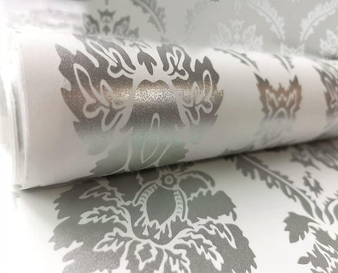 8359 Silver Damask Peel and Stick Wallpaper 17.7 in × 9.8ft Removable Self Adhesive Contact Paper Vinyl Film for Furniture Renovation and Home Dec...