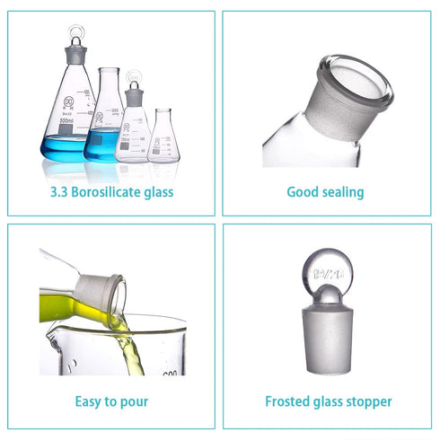 50ml Glass Erlenmeyer Flask, Laboratory Glassware Flask with Ground Glass Stopper for Chemistry Classroom Home Use, 3.3 Borosilicate Labware Conic...