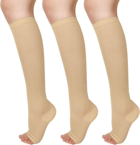 3 Pairs Open Toe Compression Socks Women Knee High Toeless 15-25 mmHg (S/M)...