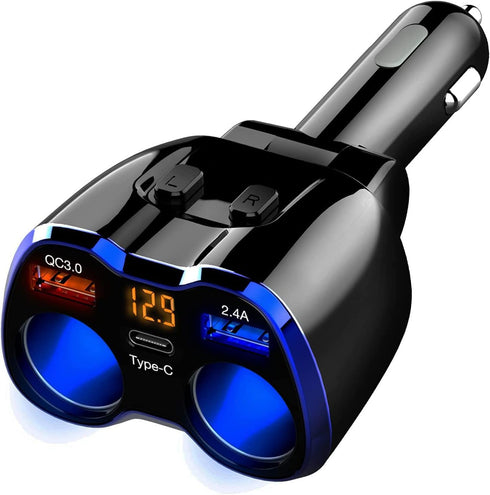Car Charger, 150W 2-Socket Cigarette Lighter Splitter QC 3.0 Dual USB Ports 1 USB C Fast Car Adapter with Separate Switch LED Voltmeter Replaceabl...
