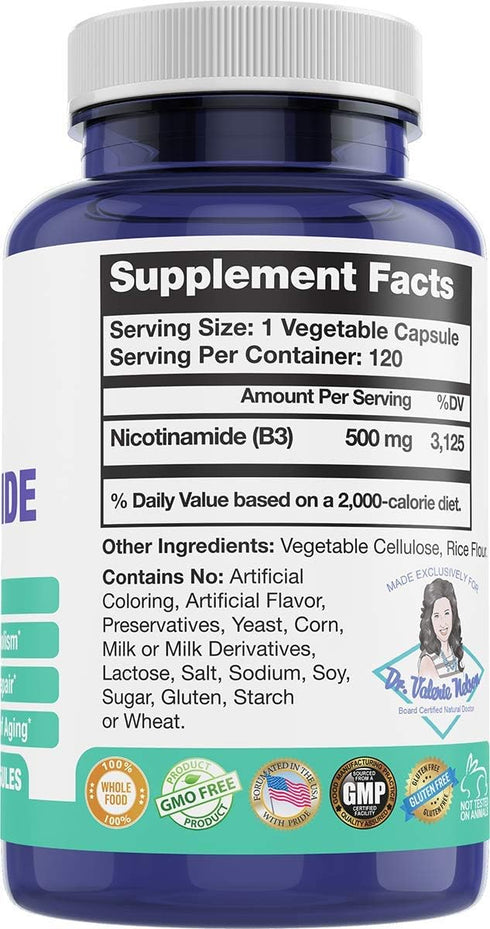 Nicotinamide 500 mg - Vitamin B3 – Energy; Cell & Skin Health. Value Priced - Flush-Free - 120 Veggie Caps by Foxxy Doc...