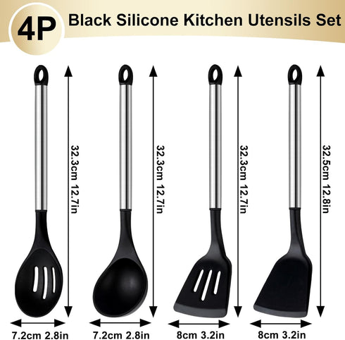 Pleafind 4-Pcs Silicone Cooking Utensils Set, Wok Utensils Set Include Wok Ladle, Slotted Spoon, Solid Spatula and Slotted Spatula, Silicone and S...