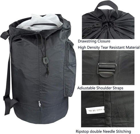 Washable Laundry Bag Backpack with Zipper Pocket, Heavy Duty Clothes Bag, 2 Strong Adjustable Shoulder Straps with Drawstring Closure for Travel, ...