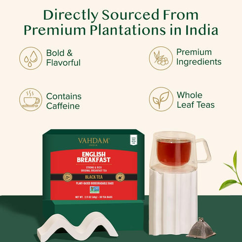 VAHDAM, English Breakfast Black Tea Bags (30 Count) High Caffeine | Strong, Robust & Flavoury | Individually Wrapped Pyramid Tea Bags | Full Bodie...