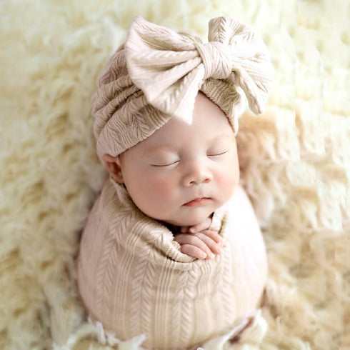Baby Swaddle Blanket Newborn Swaddle Wrap Receiving Blankets Newborn Photography Wrap Props with Hat and Bow Headband Baby Stretch Knitted Wrap fo...