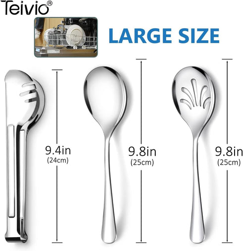 Teivio Stainless Steel Metal Serving Utensils - Large Set of 9-10" Spoons, 10" Slotted Spoons, and 9" Tongs (Silver)...