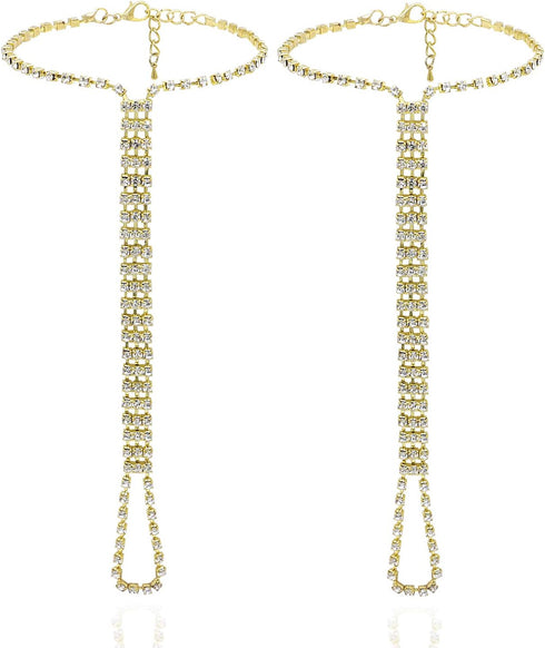 Bienvenu 2 Pieces Beach Barefoot Adorn Alloy Golden Rhinestone Foot Anklet Chain...