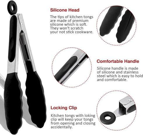 Mini Silicone Serving Tongs Set of 3, Small Kitchen Tongs (7 inch) with Silicone Tips and Stainless Steel Handle, Silicone Cooking Tongs for Salad...