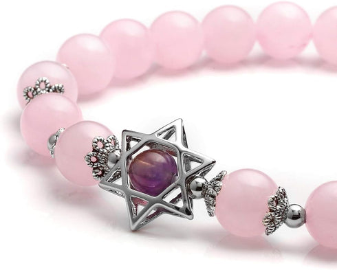 Jovivi 2pcs Natural Semi Precious Gemstone Amethyst Rose Quartz Crystal Bracelets Set Handmade Healing Stone Beads Beaded Stretch Bracelet for Wom...