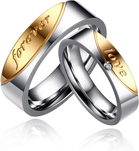 Uloveido A Pair of Titanium Gold Forever Love Double Couples Promise Rings 6mm Men and 5mm Women Wedding Bands Set Gift CR058...