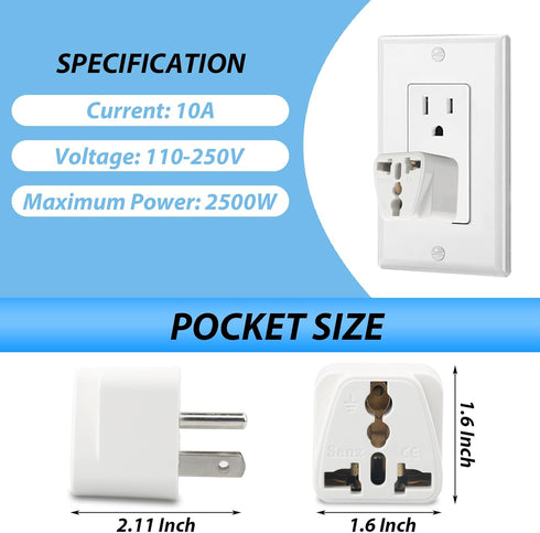 Europe to US Plug Adapter, 3 Pack UK to US Plug Adapter, India to US Plug Adapter, Universal Travel Adapter for USA, Europe Australia UK Italy to ...