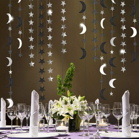 Cheerland Black Silver Moon Decoration Star and Gothic Summerween Decor Garland for Grunge Birthday Halloween New Year Eve Party Twilight Star Ban...