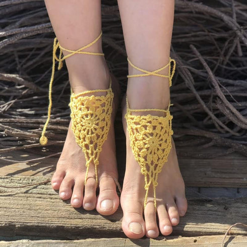 Beach Crochet Barefoot Sandals 2pcs Bridal Wedding Anklet Yoga Dance Foot Accessories Bandage Foot Chains for Women and Girls (Yellow)...