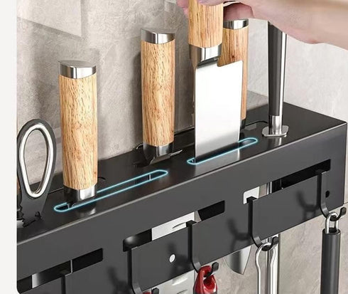 Wall Mount Utensil Holder, 15.7'' Stainless Steel Kitchen Utensil Rack, Multi-use Hanging Storage Organizer Rack with Knife Holder, Towel Bar, Fla...