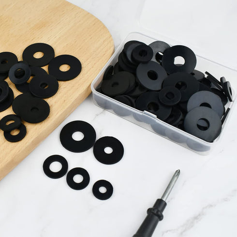 100 Pcs Black Flat Rubber Washers Assortment Kit, 16/18/20/25/30mm Heavy Duty Rubber Washers Rubber Grommet Vibration Damping Pads for Shower Head...