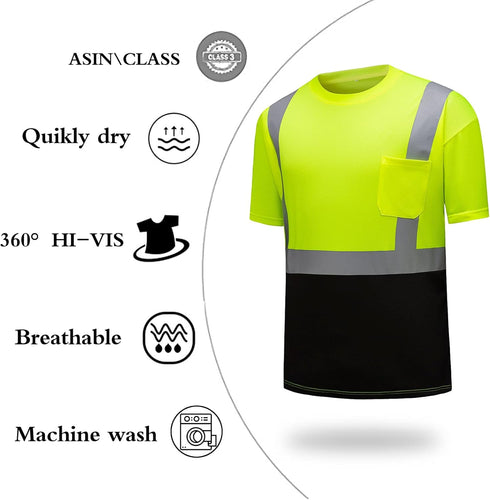 High Visibility Shirts Quick Dry Safety T Shirts with Reflective Strips and Pocket Short Sleeve Mesh Hi Vis Construction Work Class 2 Shirt for Me...