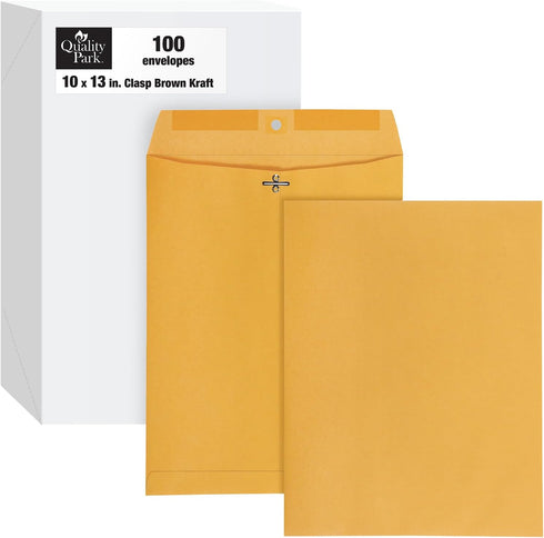 Quality Park 10 x 13 Clasp Envelopes, Clasp and Gummed Closures for Storing or Mailing, 28 lb Kraft Paper, 100 per Box (QUA38197)...