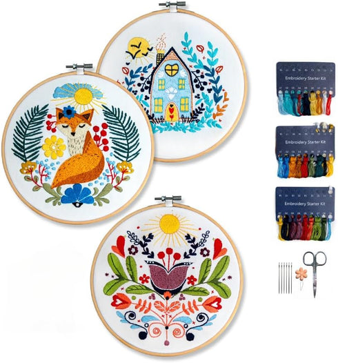 Hearthfire Hygge 3-Pack Beginner Embroidery Kit for Adults | Scandinavian Folk Art Hand Embroidery Kit for Beginners Adults | Fox, House, Flower E...