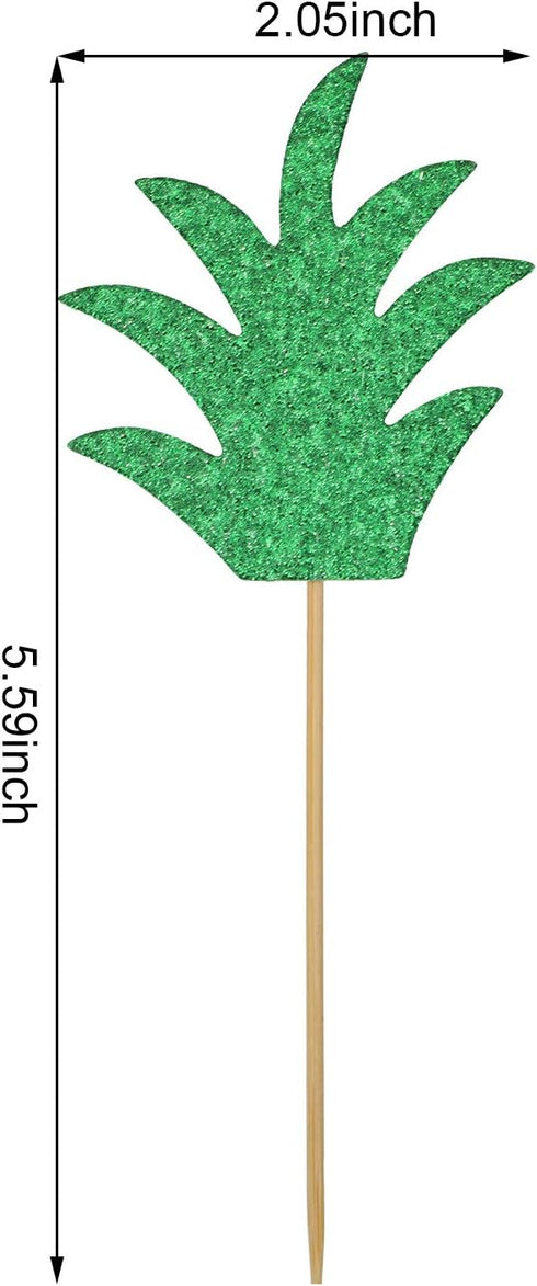 48 Pieces Green Pineapple Palm Leaf Cupcake Toppers Glitter Tropical Food Cocktail Picks Luna Toothpicks Hawaii Cake Decorations Donut Decor for S...