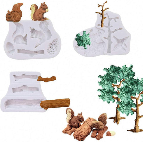 3Pcs/Set Forest Animal Silicone Fondant Molds Squirrel Chocolate Candy Mould Lumberjack Woodland Stump Pine Cones Wooden Tree Trunk Polymer Clay M...