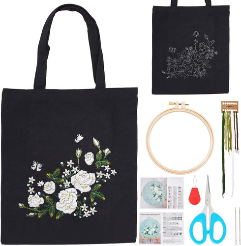 ORIGACH DIY Canvas Tote Bag Embroidery Kit with White Rose Pattern for Beginners, Floral Embroidery Shoulder Bag Set for Adults, Complete Embroide...