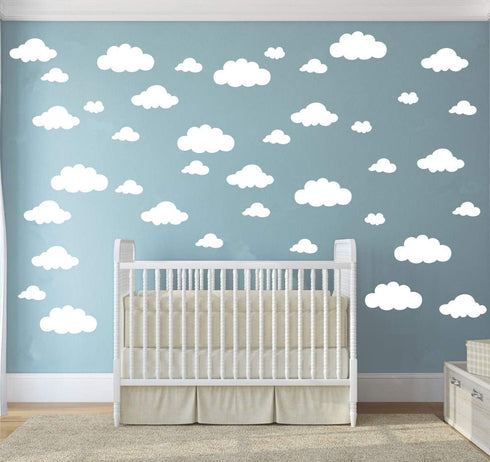 31pcs White Cloud Wall Decals – Mixed Sizes 4-10in Floating Vinyl Stickers for Baby Nursery, Kids Bedroom, Ceiling or Playroom – Removable DIY Hom...
