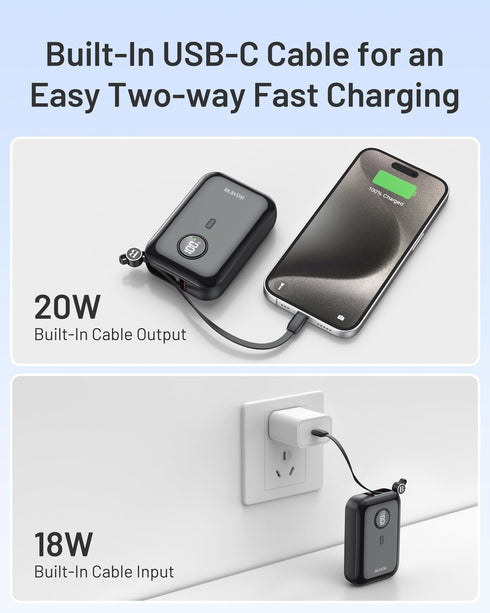 BLAVOR Portable Charger 10000mAh PD 20W Power Bank for iPhone, USB C in/Output Fast Charging,Smallest Battery Pack Charger with Built in Cable for...